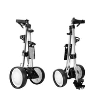 Chariot de golf push-pull aluminium – deux chariots repliés vus sous deux angles