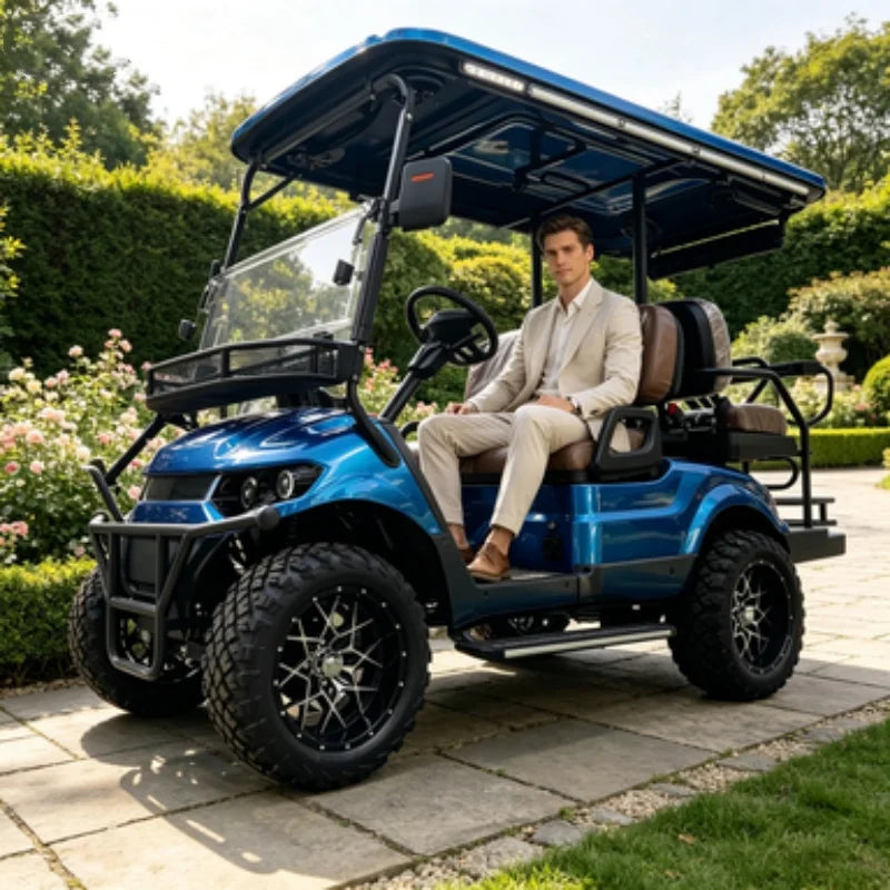 Voiturette de golf électrique – vue avant trois quarts avec panier avant et barre de protection