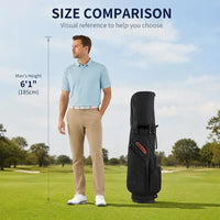 Set de golf complet homme droitier – sac trépied à côté d'un golfeur de 1,85 m