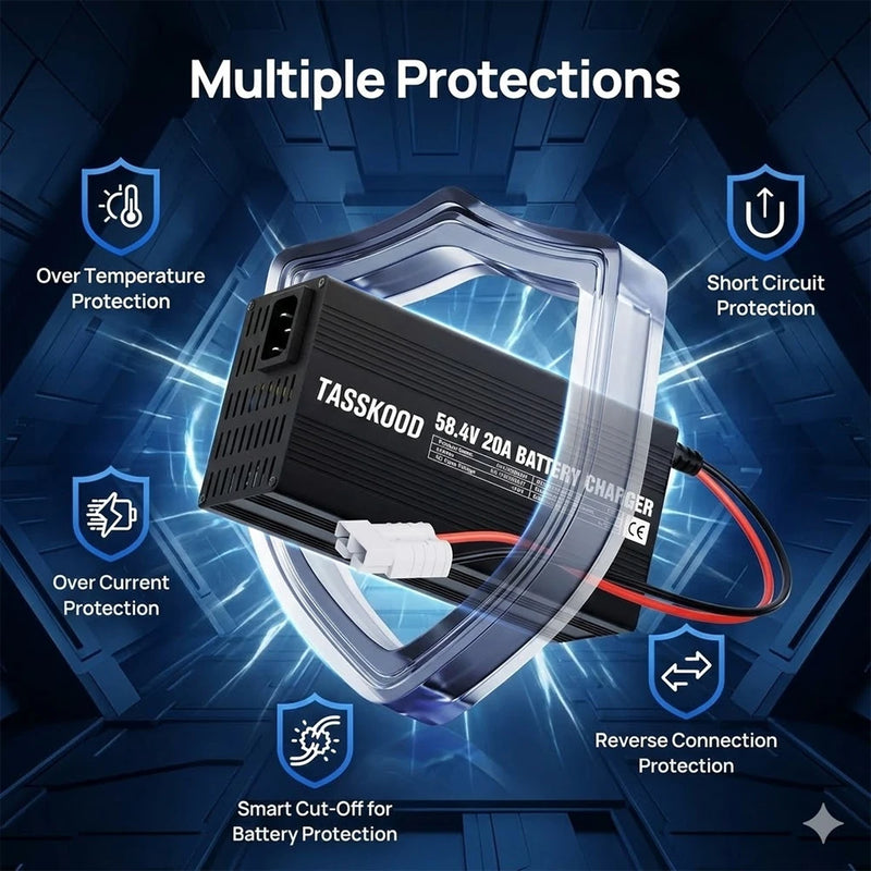 Chargeur intelligent LiFePO4 58,4 V – protections contre la surchauffe, le court-circuit, la surintensité et l'inversion