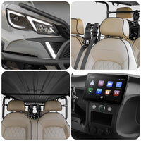 Voiturette de golf électrique 6 places tout-terrain – détails des feux, des ceintures, du toit et de l'écran tactile