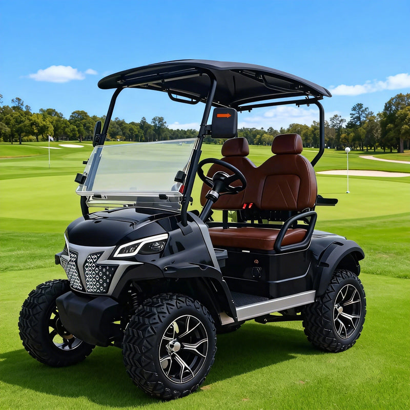 Voiturette de golf électrique 4 places compacte – carrosserie bleu marine sur une allée de parc