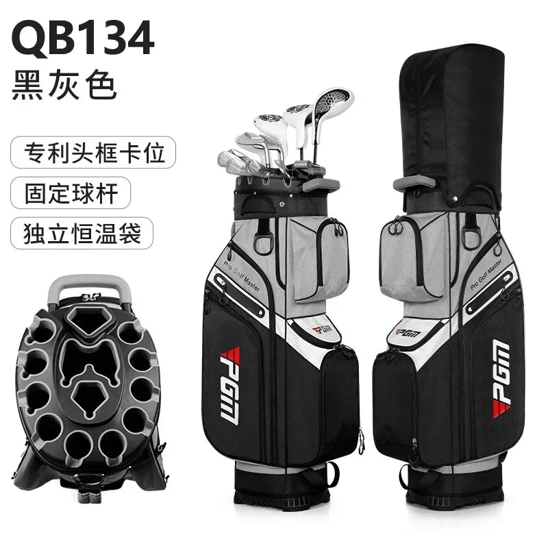 Sac de golf chariot déperlant – sac noir et gris de face avec le détail du sommet moulé et du capot