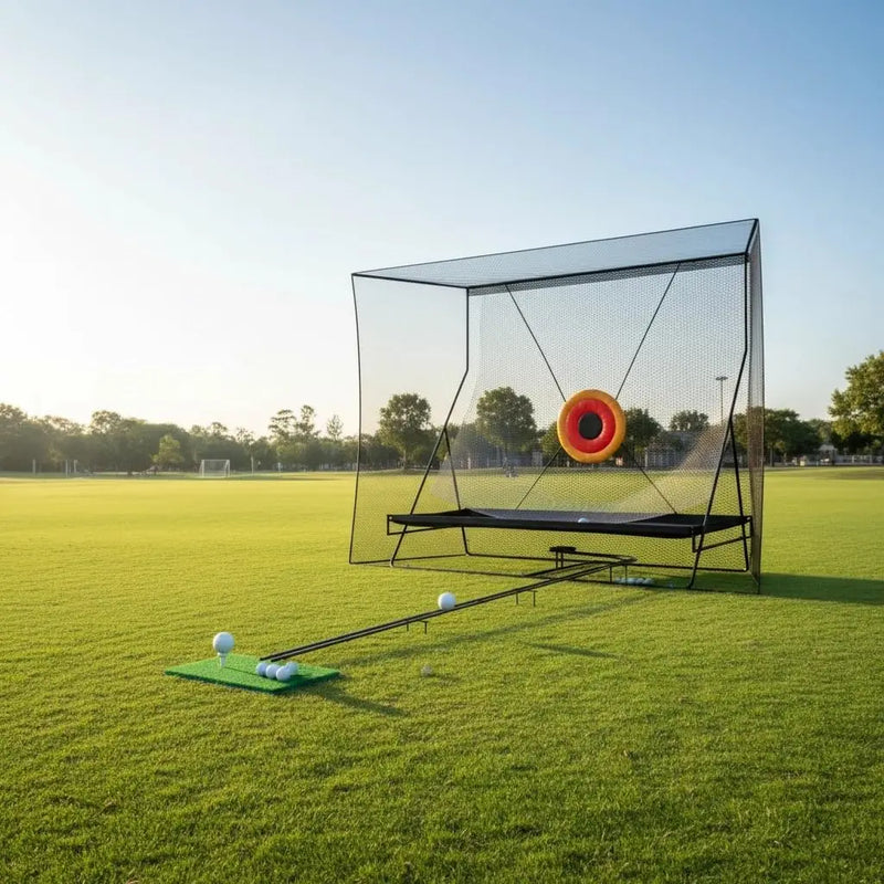 Filet de golf avec piste de retour de balle – filet, tapis et balles de golf sur un terrain