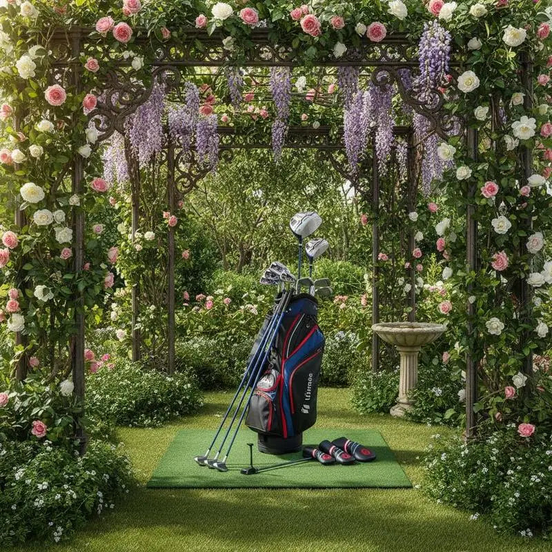 Set de golf complet 11 clubs – clubs et sac trépied sur un tapis de putting dans un jardin