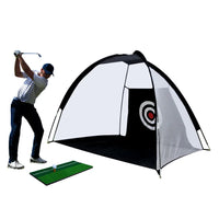 Filet de golf tente noire – swing devant la tente avec un petit tapis de frappe