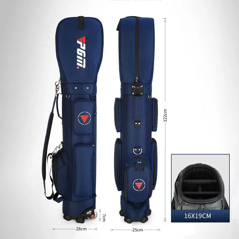 Sac de voyage golf à roulettes – sac bleu marine de face et de profil avec les cotes de hauteur et de base