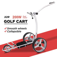 Chariot de golf électrique pliable – vue de trois quarts sur fond blanc, deux moteurs 200 W