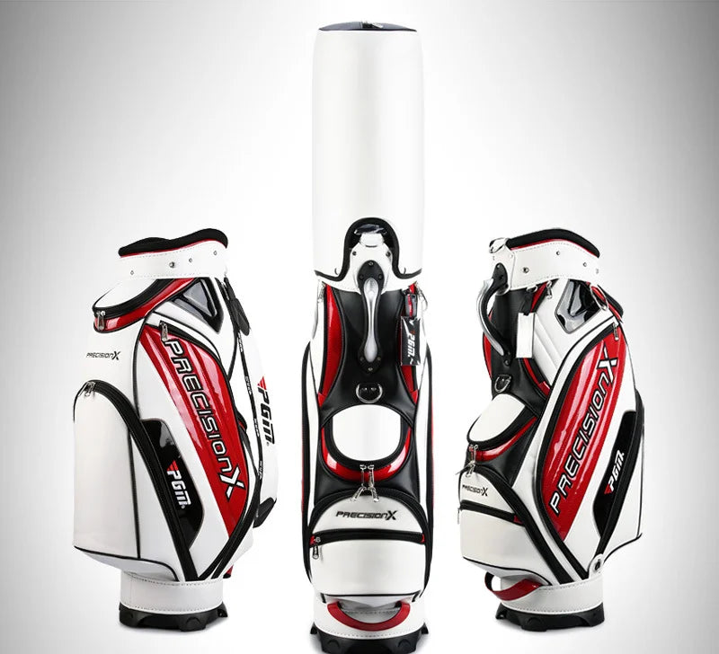 Sac de golf tour en cuir PU étanche – sac blanc et rouge de face, de dos et de côté