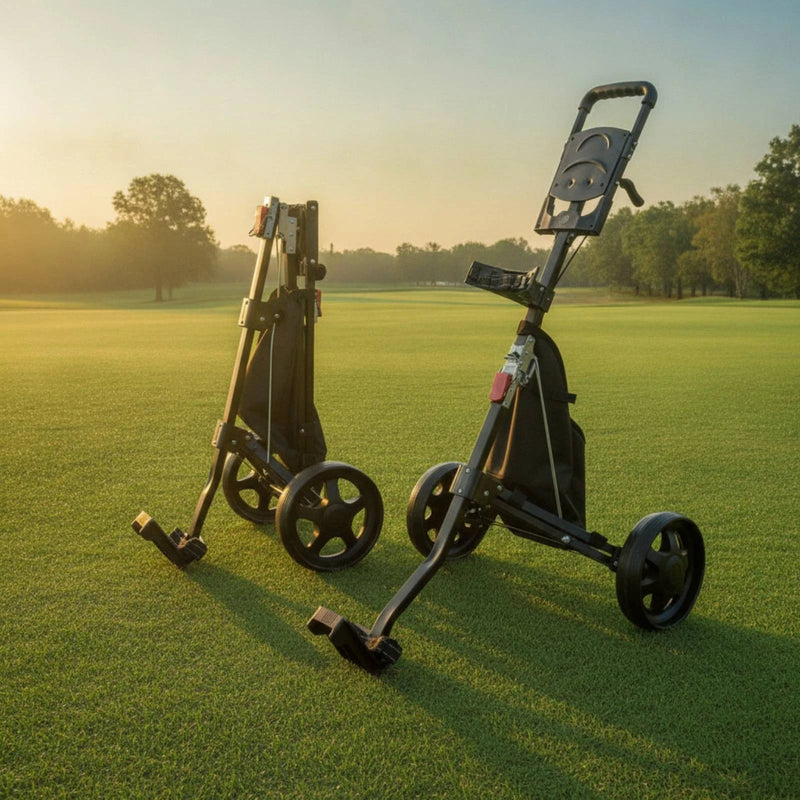 Chariot de golf manuel compact – modèle déplié et modèle replié côte à côte