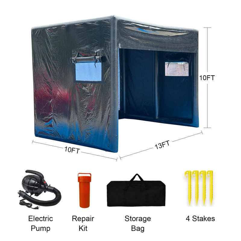 Cage de golf gonflable – schéma des dimensions et accessoires : pompe, kit de réparation, sac, piquets
