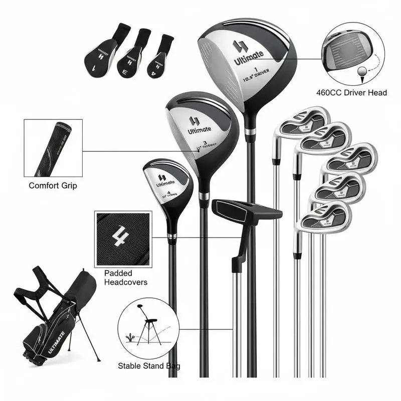 Set de golf complet gaucher – détail des couvre-clubs, du grip et du sac