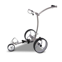 Chariot golf électrique télécommandé – vue de trois quarts sur fond blanc