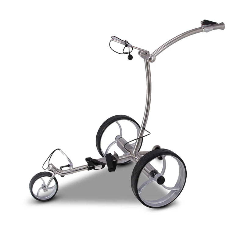Chariot golf électrique télécommandé – vue de trois quarts sur fond blanc