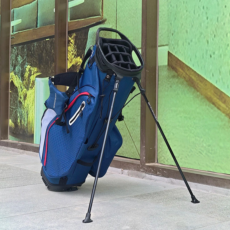 Sac de golf trépied léger 14 compartiments – sac bleu debout sur son trépied avec le haut du sac et ses compartiments visibles