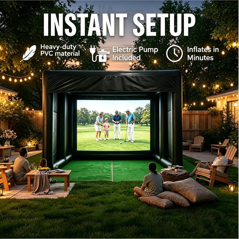 Cage de golf gonflable – gonflée au jardin, face à l'écran de projection