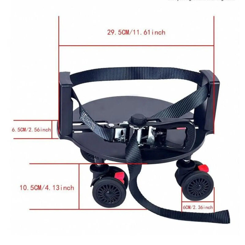 Base à roulettes pour sac de golf – schéma des dimensions du plateau et des roulettes