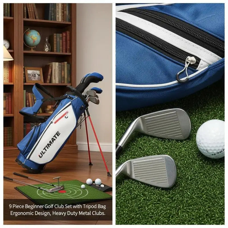 Set de golf complet débutant – sac dans un salon et gros plan sur deux fers