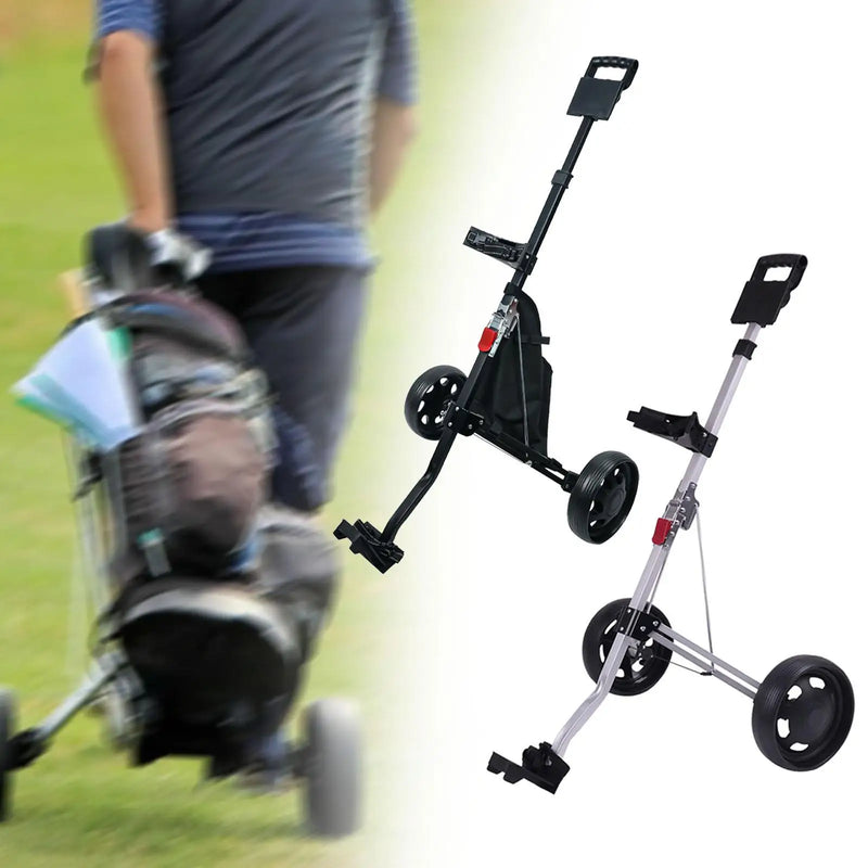 Chariot de golf manuel pliable à 2 roues – deux modèles côte à côte avec golfeur en arrière-plan
