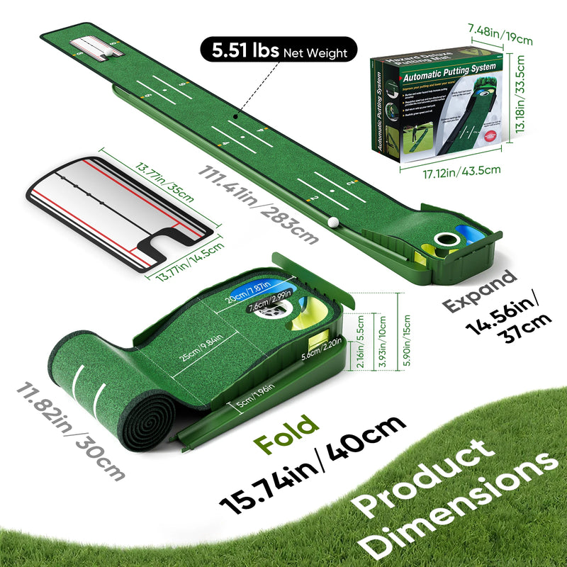 Tapis de putting avec miroir – dimensions du tapis déployé, du tapis roulé et du miroir