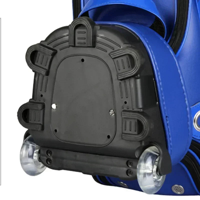 Sac de golf tour en cuir PU à roulettes – dessous du sac bleu : base moulée et roues
