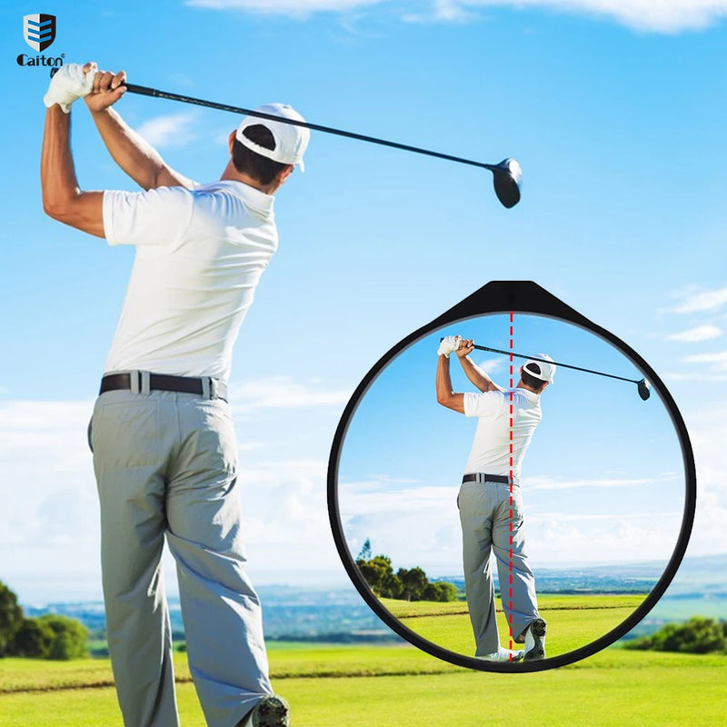 Miroir de swing de golf – golfeur en haut de sa montée, avec le reflet du miroir en incrustation