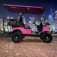 Voiturette de golf tout-terrain 4 places – vue arrière de trois quarts, siège arrière et toit