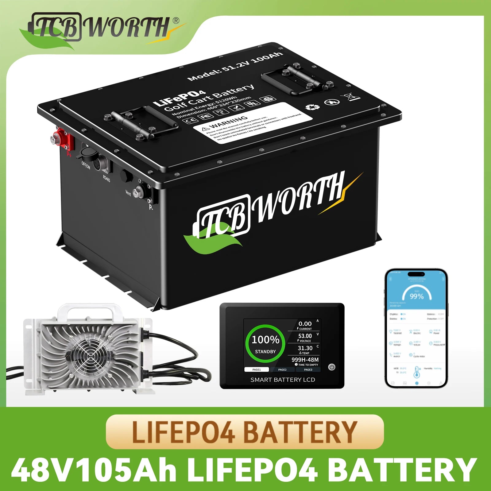 Batterie lithium voiturette de golf 48 V 105 Ah chargeur rapide, écran tactile et application