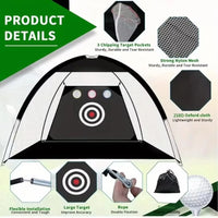 Filet d'entraînement golf 3 x 2 m – détails des trois poches de cible, de la maille en nylon et du tissu Oxford
