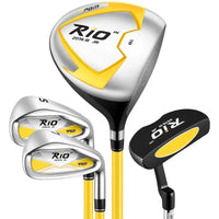 Set de golf enfant 4 clubs – bois, deux fers et putter noir et jaune en gros plan