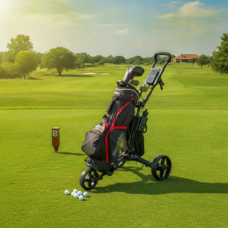 Chariot de golf manuel pliable à 3 roues – sac de golf noir et rouge près d'un repère de départ