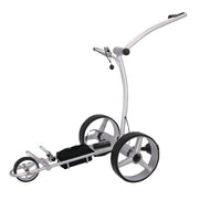 Chariot de golf électrique pliable – vue de profil sur fond blanc, finition argent clair