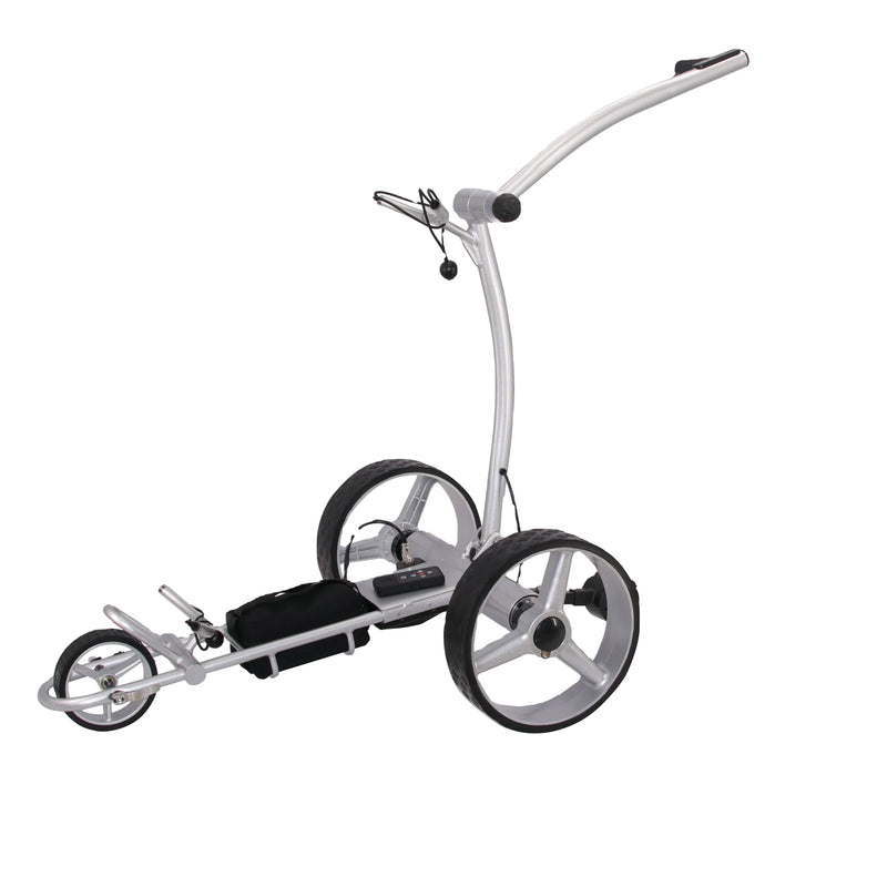 Chariot de golf électrique pliable – vue de profil sur fond blanc, finition argent clair