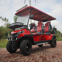 Voiturette de golf électrique tout-terrain – vue de trois quarts avant avec panier de capot et pare-chocs
