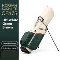 Sac de golf trépied léger en microfibre – sac beige, vert et marron sur ses pieds, vue de trois quarts