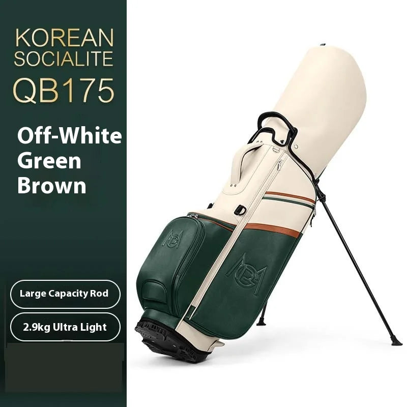 Sac de golf trépied léger en microfibre – sac beige, vert et marron sur ses pieds, vue de trois quarts