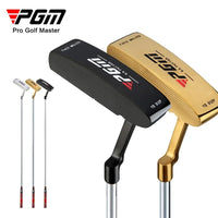Putter lame gaucher – têtes noire et or en gros plan avec les trois putters complets en arrière-plan