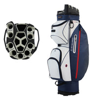 Sac de golf chariot blanc et bleu marine, vue du plateau et du côté