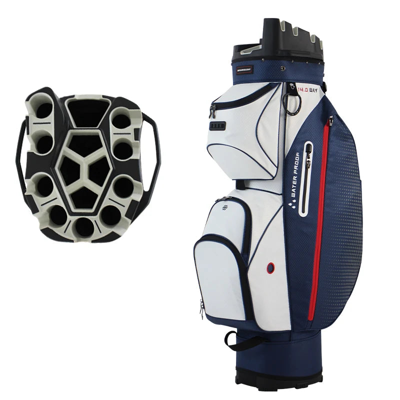 Sac de golf chariot blanc et bleu marine, vue du plateau et du côté