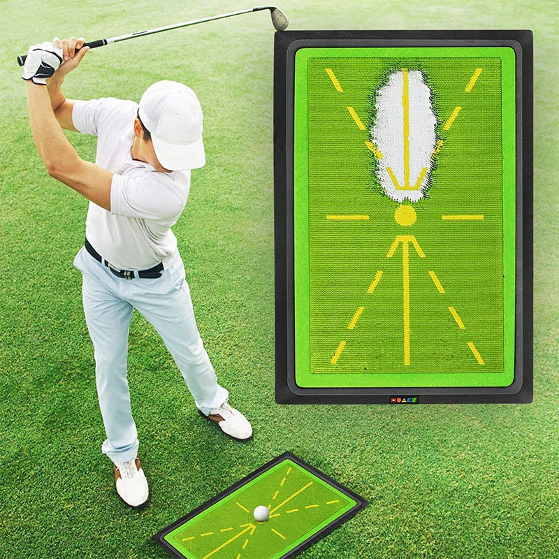 Tapis de frappe golf à paillettes – golfeur en fin de swing devant le tapis sur la pelouse