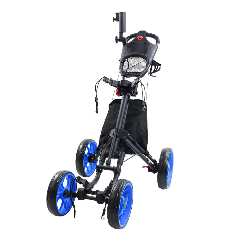 Chariot de golf manuel 4 roues – modèle noir à roues bleues