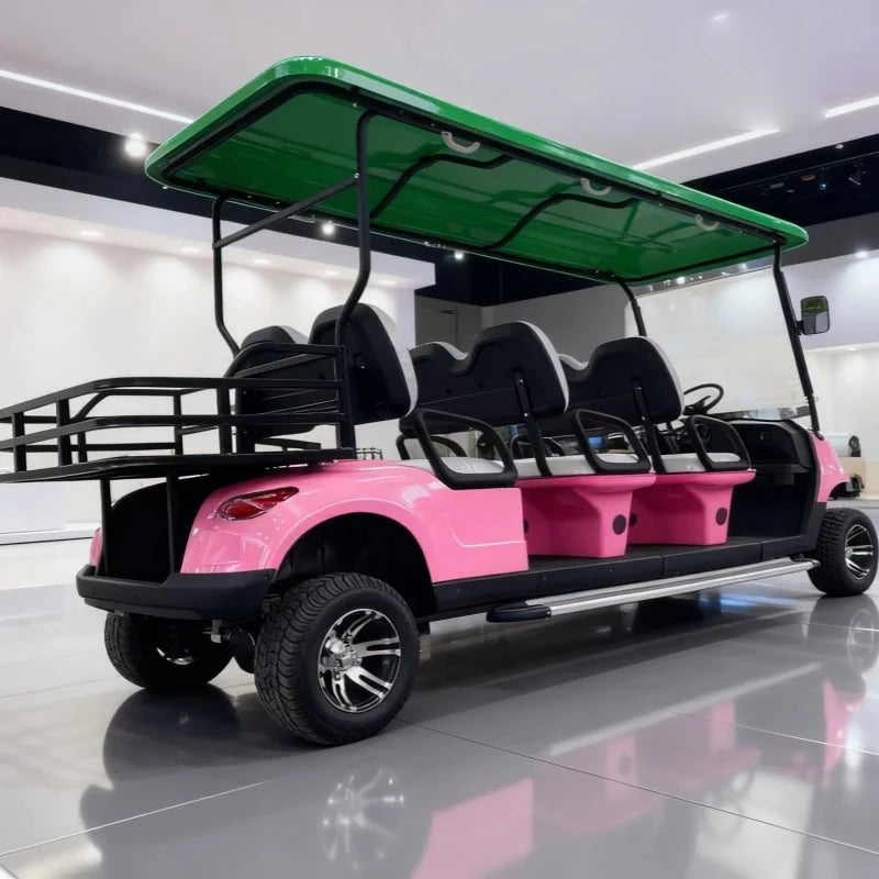 Voiturette de golf 6 places – vue arrière de trois quarts, toit vert