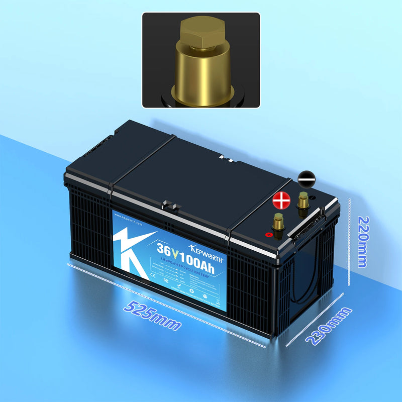 Batterie lithium LiFePO4 12 V à 48 V – batterie 36 V 100 Ah, vue de dessus avec une borne