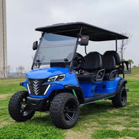 Voiturette de golf électrique surélevée bleue – version longue vue de trois quarts avant