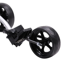 Chariot de golf manuel pliable à 3 roues – gros plan sur une roue et son ressort
