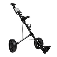 Chariot de golf ultra compact 2 roues – chariot noir déployé sur fond blanc
