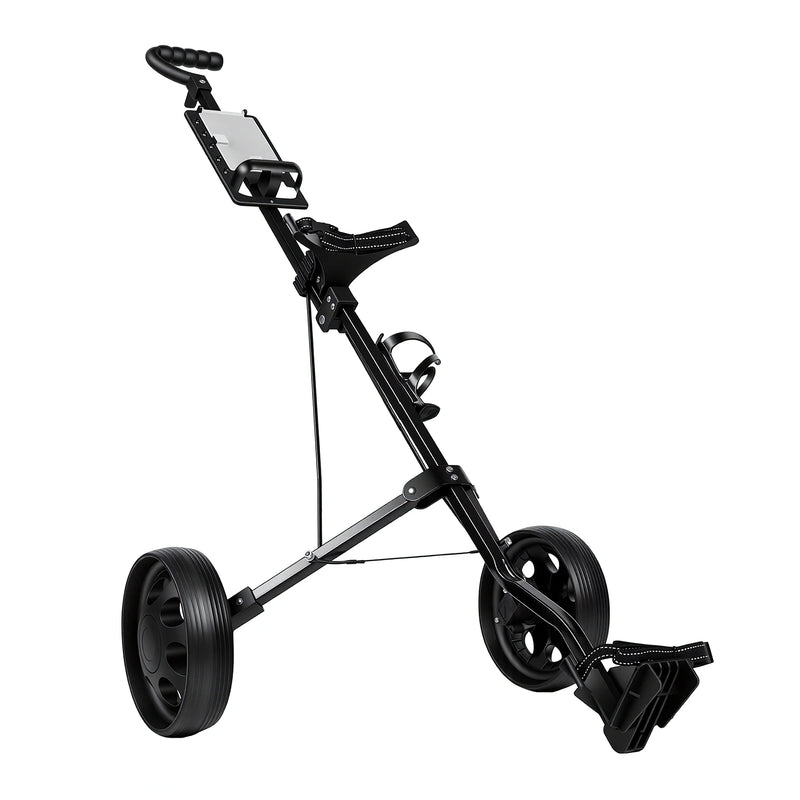 Chariot de golf ultra compact 2 roues – chariot noir déployé sur fond blanc
