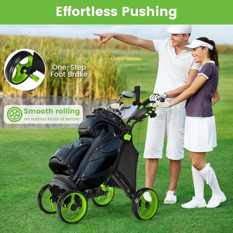 Chariot de golf 3 roues pliable – couple de golfeurs avec le chariot chargé et frein à pied