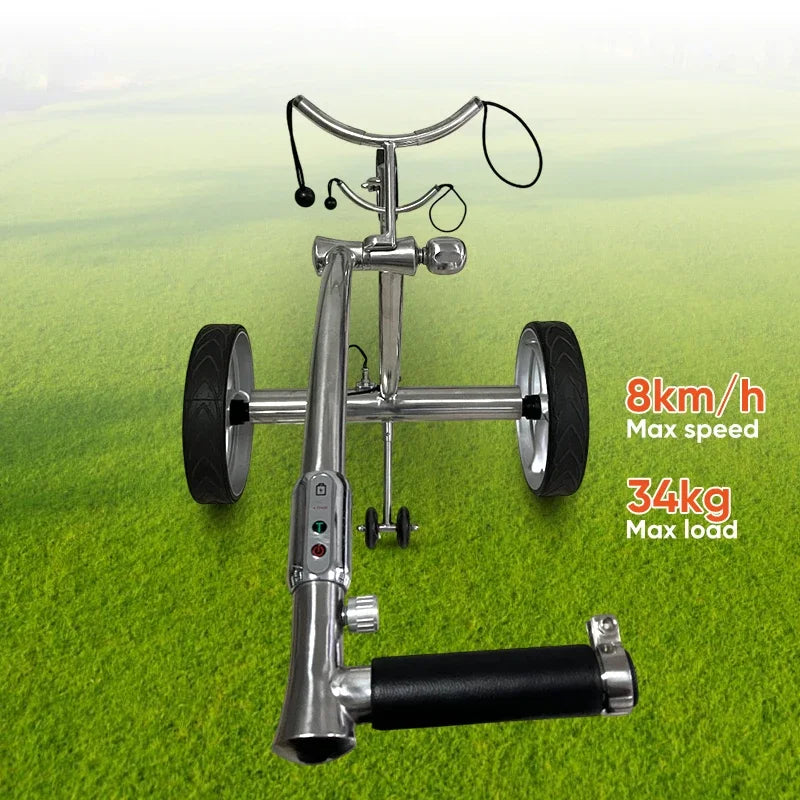 Chariot de golf électrique en inox – poignée gainée et commandes vues de dessus