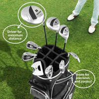 Set de golf complet femme – driver, fers et sac noir sur l'herbe